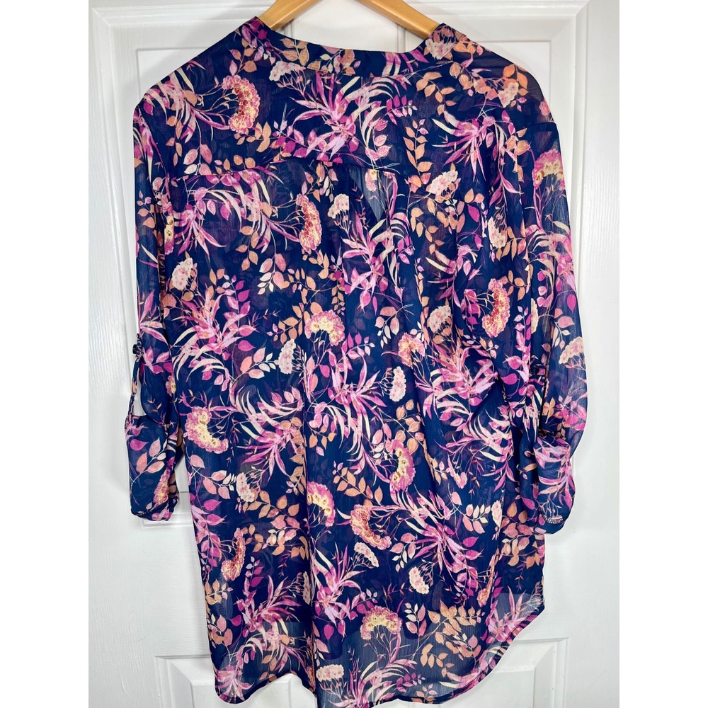 Kut from the Kloth Blouse Women‎ XL Navy Floral Sheer Roll Tab Sleeve V Neck - Picture 2 of 9